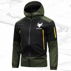 Strong Bull Men's Zip-Up Jacket with Hood Stylish Colorblock Design Water-Resistant Adjustable for Comfortable Fit Outdoor-Inspired for Autumn