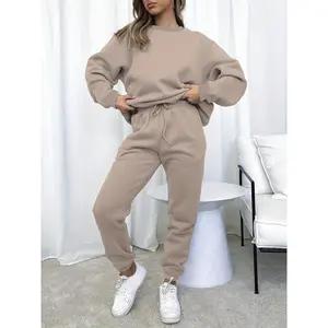 Solid Casual Two-piece Set, Crew Neck Long Sleeve Tops & Drawstring Jogger Pants Outfits - Women's Clothing - Comfortable & Stylish - Perfect for Loungewear, Sports & Casual Wear - Ideal Gift for Women