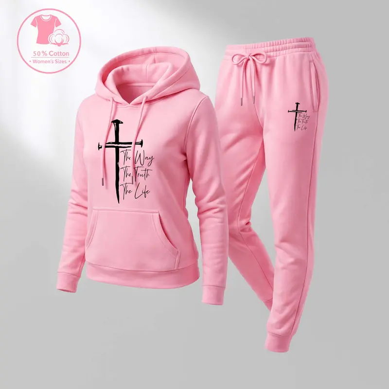 Women's Jesus on the Cross Print Hoodie & Drawstring Sweatpants Set Casual Sportswear Long-Sleeved Hooded Jacket & Pants for Autumn Winter Everyday Wear Indoor Outdoor Sportswear