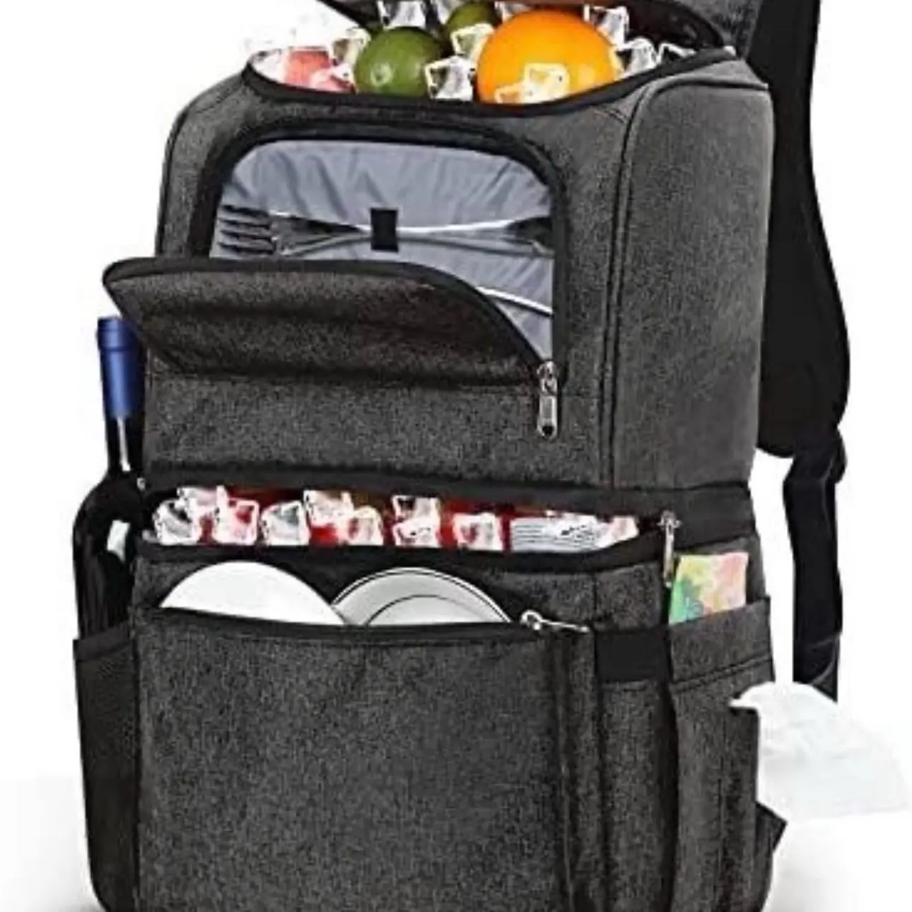 Insulated Cooler Backpack, 28-Can Waterproof Soft Cooler with Dual Compartments, Leakproof PEVA Liner and Front Zip Pocket for Cutlery for Hiking & Camping, Zipper, Leakproof Bottom, Leakproof Peva Liner Guards Your Back