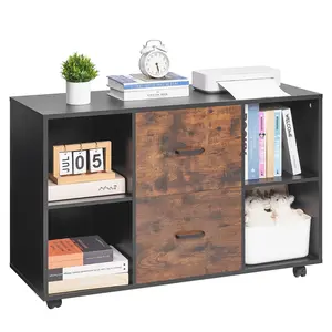 2-Drawer Wooden File Cabinet With Open Shelves, Mobile Lateral Filing Cabinet On Lockable Wheels, Free-Standing Printer Stand For Home Office School, Black Finish, Sturdy Construction With Smooth Full-Extension Drawer Slides