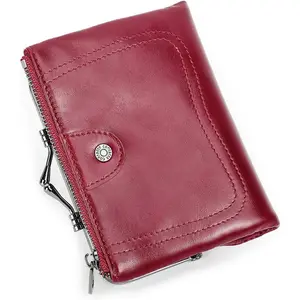 Full Grain Leather  Lock Wallet for Women  Clasp  Purse  Small Bifold Wallet with Rfid Blocking (Red)