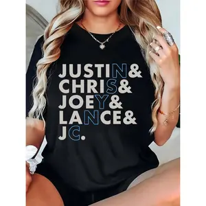 Women’s Black Graphic T-Shirt Featuring NSYNC Members Names (Justin, Chris, Joey, Lance, JC) | Casual Concert & Fan Event Apparel