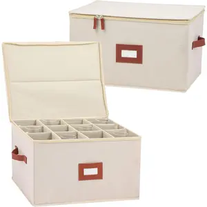 2 Pack Hard Top Stackable Stemware Storage Cases, Wine Glass Storage Box with Dividers for 24 Glassware Crystal, China Storage Containers Moving Supplies, Beige