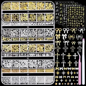 5 Boxes Gold & Silver Metal Nail 3D Punk Studs Star Cross Bow Gems and Small Caviar Beads Pearls Rhinestones Nail Art Jewels with Tweezers and Nail Brush and a Wax Pen Picker(9-Gold & Silver Studs)