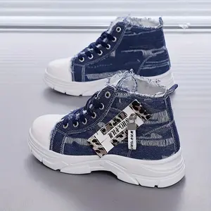 Women’s high-top denim sneakers with side zippers — comfortable platform casual shoes. Fashionable sports training shoes.