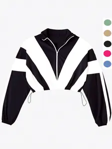 Women's Patchwork Long Sleeve Jacket, Casual Fitted Zipper Drawstring Running Coat, Sporty Leisure Outerwear for All Seasons, Casual Athletic Jacket, Sports Outerwear