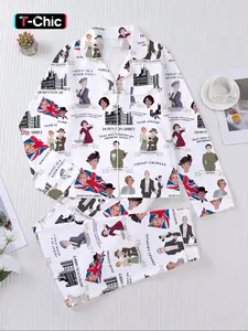 Women's Downton Abbey Printed Sleepwear Pajama Set, Long Sleeve Button-Up Top & Elastic Pants, Casual Home Wear, Fall Winter Fashion