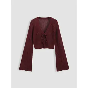 Women's Casual Polyester Knit Cardigan, Hollow-Out Design, Knotted Detail, 6 Colors, Size 2-20/22 - Womenswear Tops Knitwear