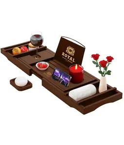 Royal Craft Wood Bathtub Caddy Tray with Free Soap Dish, Luxury Wooden Bamboo Bath Tray with Extending Sides, Silicone Grips, Bathroom Accessories