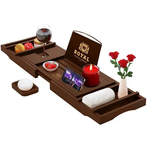 Royal Craft Wood Bathtub Caddy Tray with Free Soap Dish, Luxury Wooden Bamboo Bath Tray with Extending Sides, Silicone Grips, Bathroom Accessories