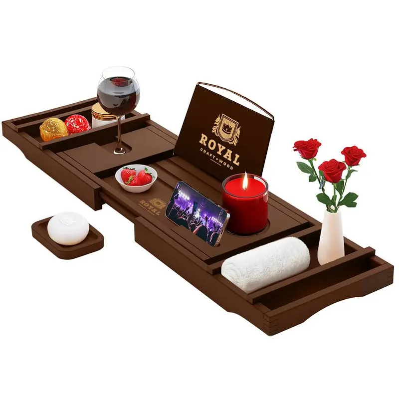 Royal Craft Wood Bathtub Caddy Tray with Free Soap Dish, Luxury Wooden Bamboo Bath Tray with Extending Sides, Silicone Grips, Bathroom Accessories