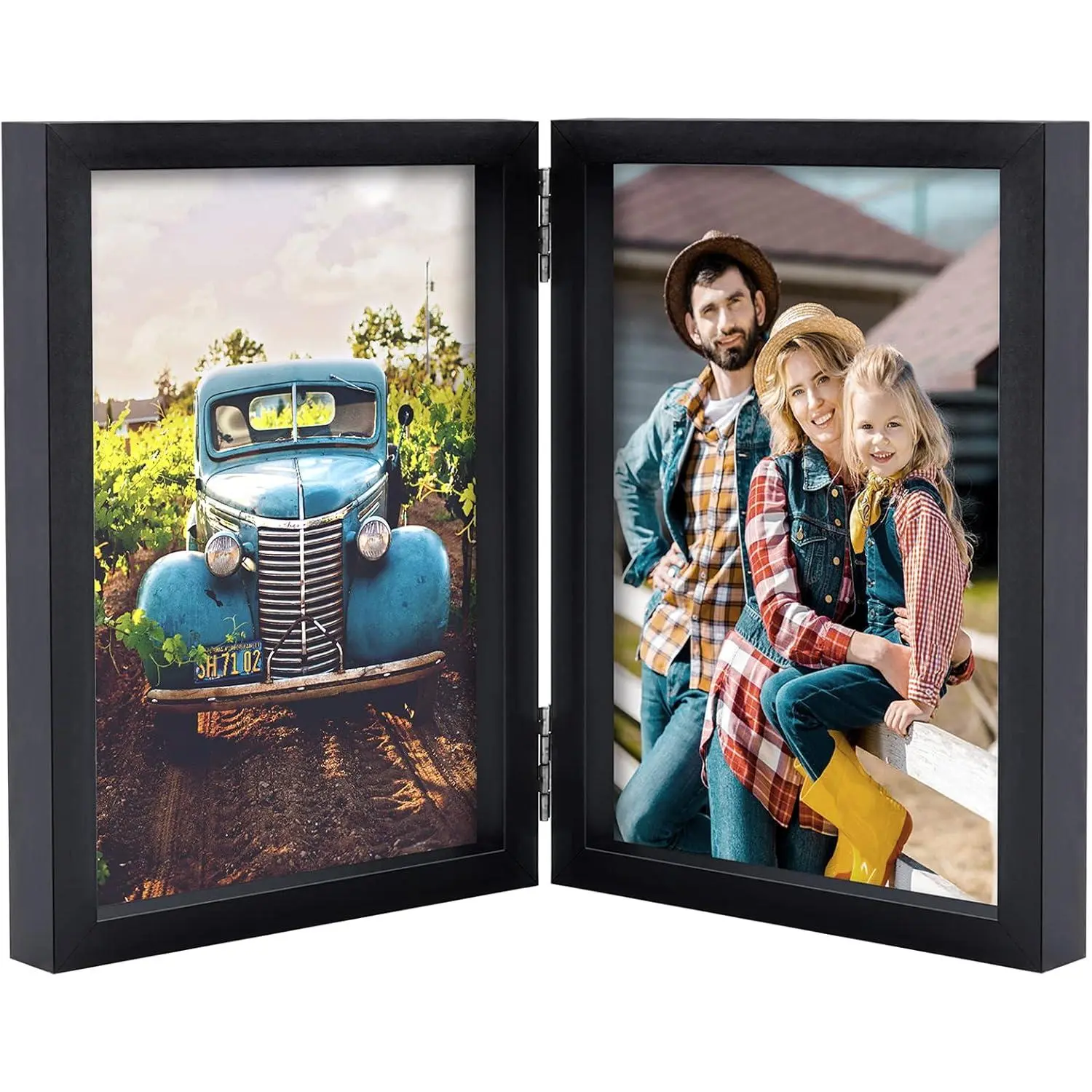 Sturdy 5x7 Wooden Double-Hinged Folding Photo Frame - Vertical Home Decor, Black MDF Frame with Real Glass Front, Stainless Steel Accents, Ideal for Christmas Family Gifts Display