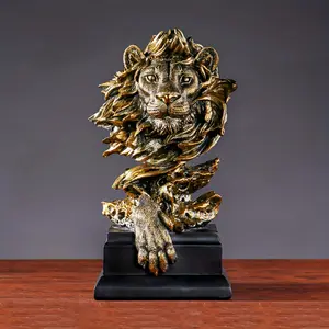 New HF-830 Golden Resin Lion Statue King Of Beasts Figurine Lion Statues Home Decor Office Exquisite Decoration Collectibles For Men Room Decor For Me Gift Ornaments