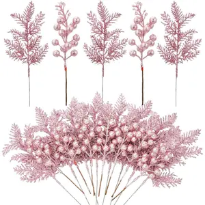 30count Christmas Tree Decorations, Include Glitter Berries Stems And Xmas Tree Pick Leaves Fake Christmas Picks Artificial Pine Needles Glitter Sticks For Wreaths, Christmas Flower Arrangement Plant Room Pink Color christmas decorations Jumbo Themed Gift