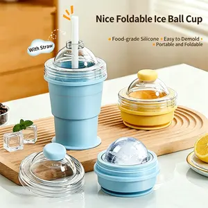 Collapsible 2-in-1 Ice Ball Cup  6cm Large Ice Mold Maker Portable Travel Tumbler with Straw, Easy Release Silicone Ice Cube Tray, Foldable for On-the-Go Use, Perfect for Whiskey, Coffee, Iced Drinks & Summer Beverages
