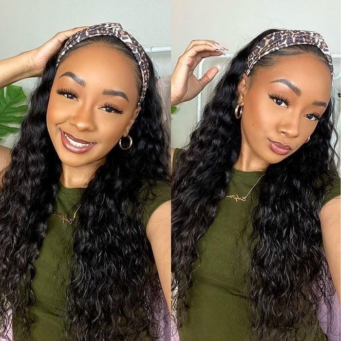MYLOCKME Water Wave Headband Wigs Human Hair Pull Go Glueless Wig Half Wigs Human Hair Curly Headband Wig 180 Density Human Hair Wigs