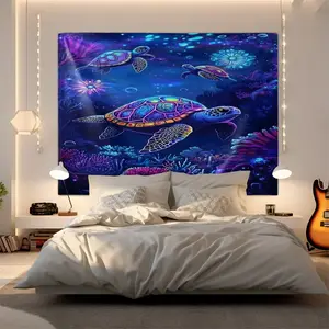 Neon Deep Sea Turtles 2D HD Printing Tapestry Fadeless Machine Washable, Multipurpose Wall Cloth Decor, Fits Bedroom/Living Room/Cyber Space, Works as Sofa Cover/Tablecloth/Bedspread