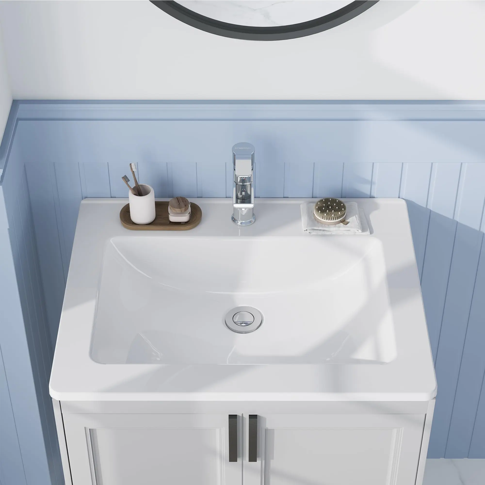 Garvee Vessel Sink 21.26x17.72 Inch, Ceramic Semi-Recessed Bathroom Sink, Square White Vessel Sink with Single Faucet Hole, Above Counter Vanity Basin