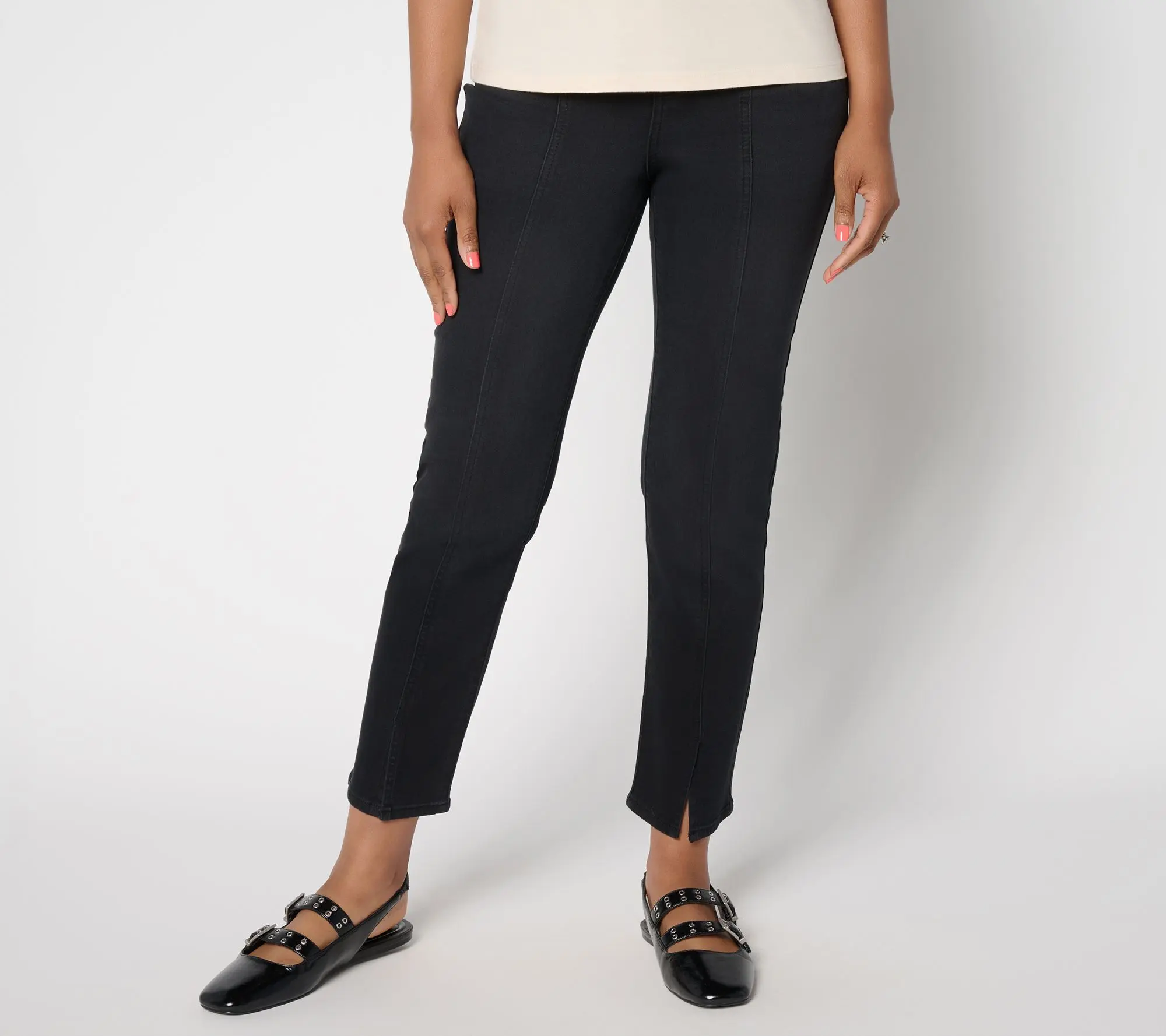 LOGO by Lori Goldstein Petite Black Yoke Front Ankle Jeans