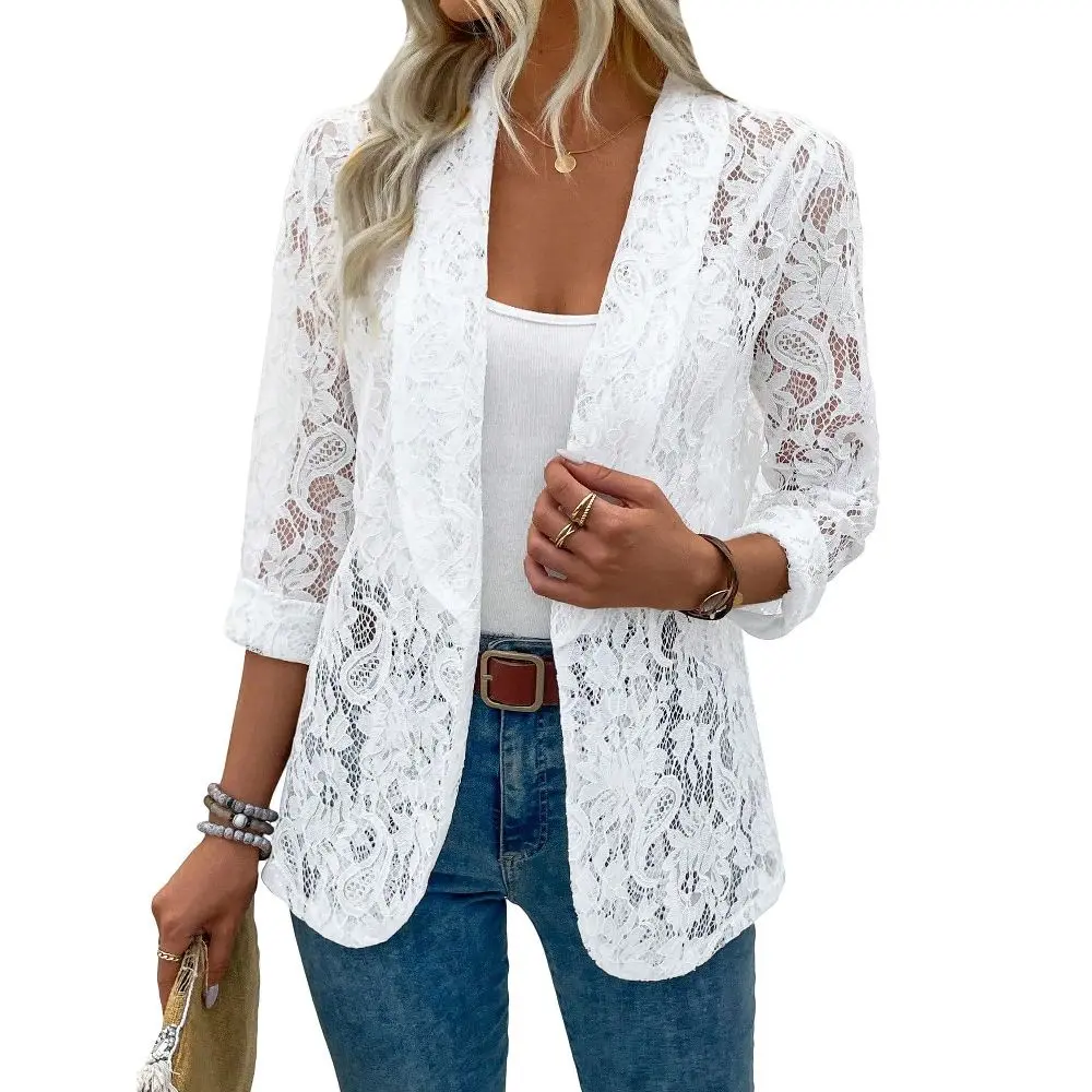 Clearlove Women’s Elegant Lace Front-Open Long Sleeve Sheer Blazer Casual Jacket White M
