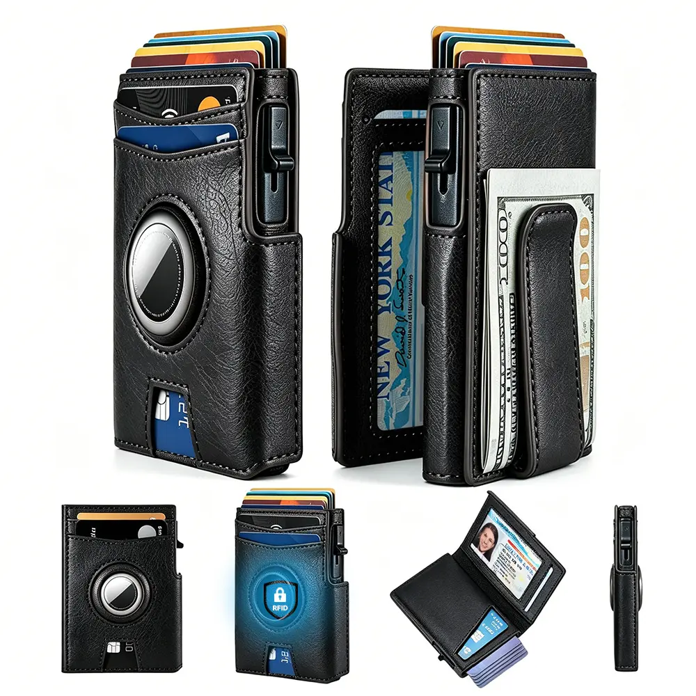 Slim Men's Wallet with AirTag Holder, RFID Blocking Pop-Up Card Holder, Business Card Wallet with ID Window & Cash Pocket, Money Bag, Fashionable Wallet, Holds 8-12 Cards, Minimalist Wallet for Everyday Carry, Work, Daily Use