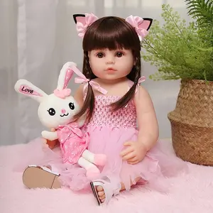22-inch Realistic Doll - silicone doll, princess girl doll Handmade Hair Transplants, pink suspender mesh skirt, light pink cat ear hairpin, Posable Limbs, Collectible birthday, Halloween, perfect Christmas  Gift