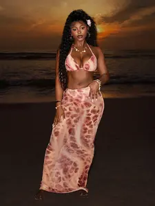 2026 Summer New Resort Pool Party Elegant Romantic Leopard Print Mesh Tie Front Bra Top with High Waist Long Dress Swimsuit Set