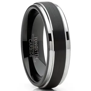 Mens Tungsten Wedding Band Black Ring Silvertone Comfort-Fit 6MM Sizes 5-13