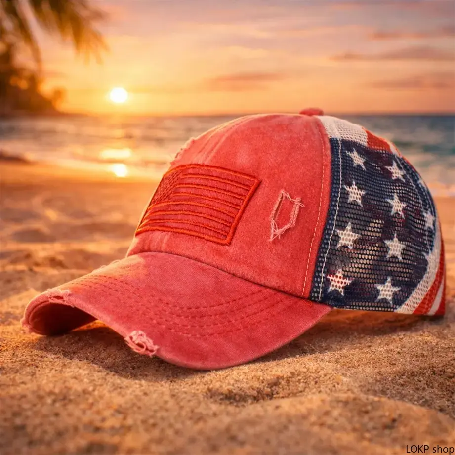 Women's Vintage American Flag Trucker Baseball Cap - Distressed Washed Fabric, Breathable Mesh Back, Adjustable Snapback Closure, Unisex Fit, Retro Patch, Casual Summer Street Style, Outdoor Use, Breathable Mesh Caps, Baseball Cap Adjustable