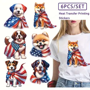 6-Piece Yvinndy American Flag Dog Transfer Stickers Set, Patriotic 3D Washable Vinyl DIY Patches for T-Shirts Bags Pillows Crafts
