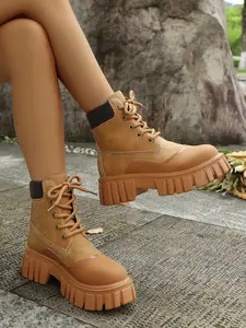 Women's Thick Sole Boots, Lace-Up Workwear Style Short Boots, Versatile Height-Boosting Outdoor Shoes, Ideal for Daily Commute & Street Fashion