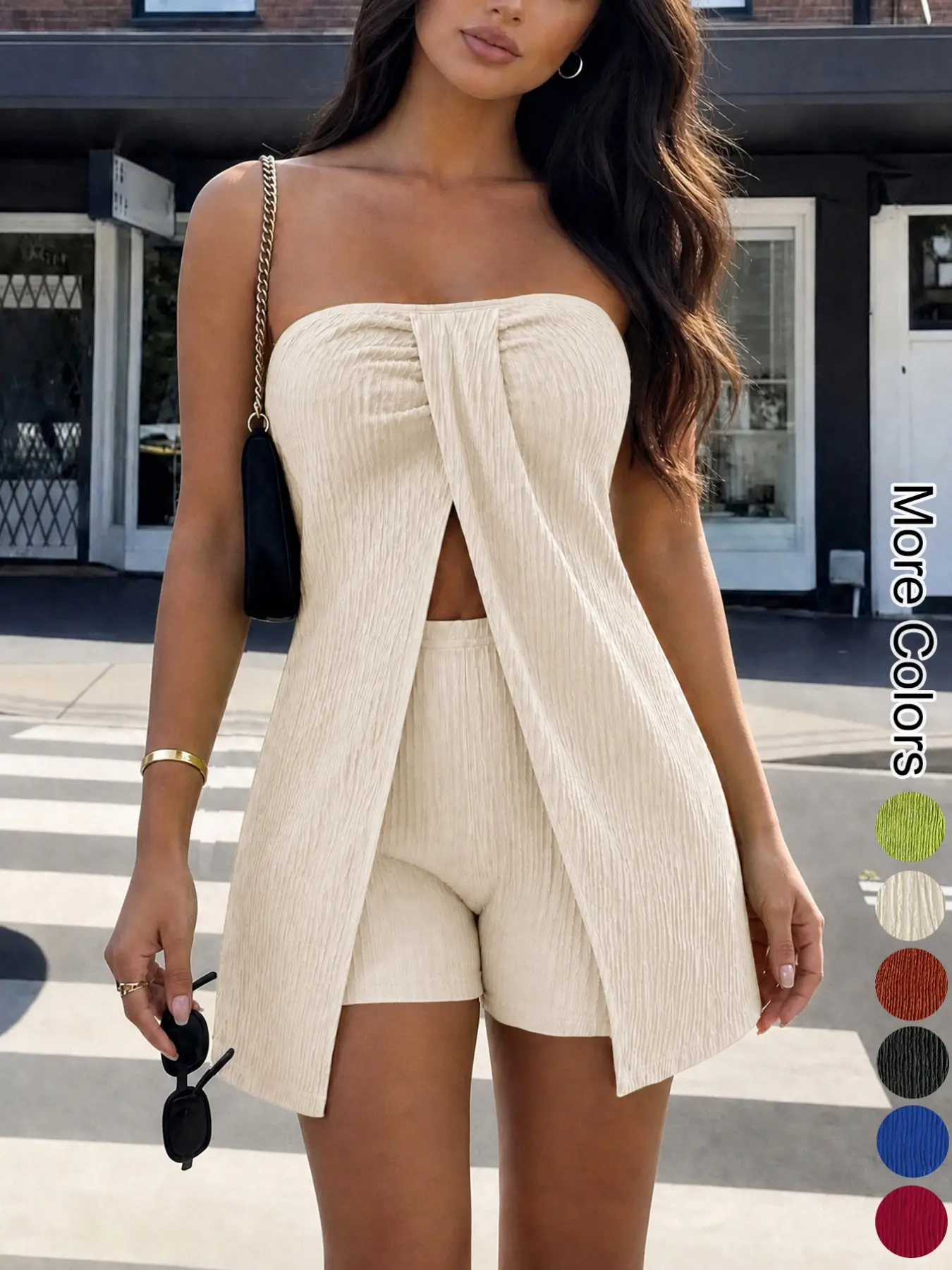 Two-Piece Set Outfit Women's Matching Solid Ribbed Strapless Crop Tube Top with Slit & Shorts, Casual Fashion Cozy Fabric for Daily Outdoor Wear, Ladies Clothes for Summer, Womenswear, Pajama, Sleeveless Lounge Set