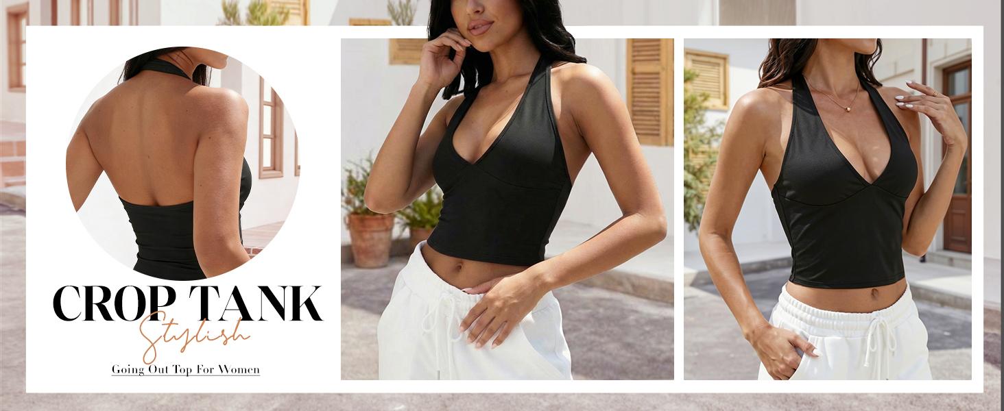ETCYY Sexy Deep V Neck Halter Crop Top for Women – Black Slim Fit Workout Tank Top,Women's Breathable Sports Tank Top,urban tank top bra style,Stretchy Soft Sleeveless Camisole for Yoga, Gym, Club, Summer Casual Wear, Tank Top for Women,Tank Tops,