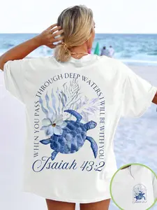 Women's Coastal Christian Turtle Graphic T-Shirt Top, Comfortable, Casual, Breathable, Lightweight, Soft Vacation Wear, Fresh Sweet Cute Simple Design, Protect Ocean Club Summer Cool