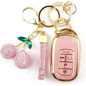 Key Fob Cover with Cherry Keychain, Bling TPU Smart Key Case for Women, Compatible with Honda Accord Civic 2022 2023 2024 2025 Honda HR-V CR-V 2023 2024 2025 (5-Button, Gold Pink)