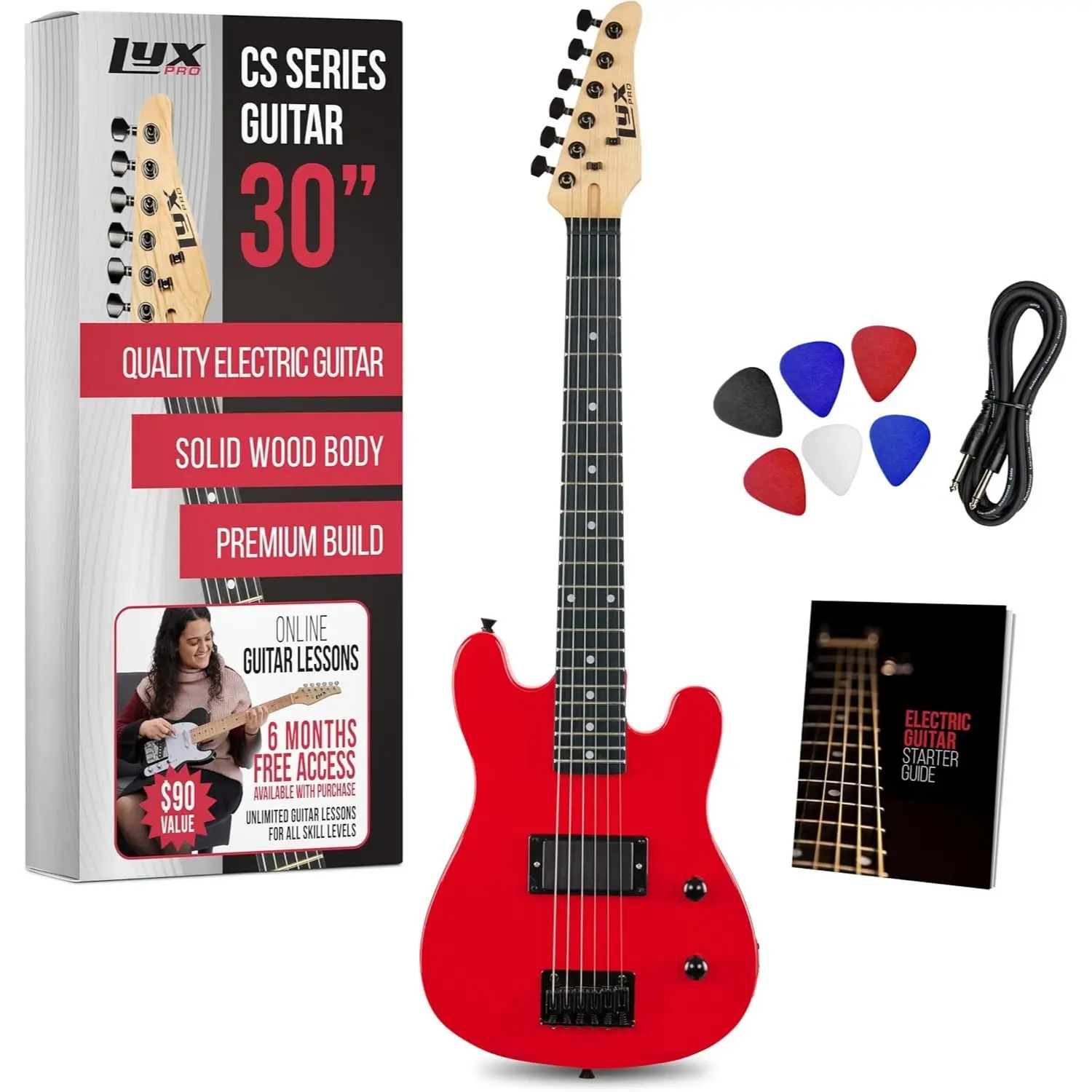 LyxPro CS 30” Electric Guitar Kit for Beginner with Amp Cable, 6 Picks & Guide - Red