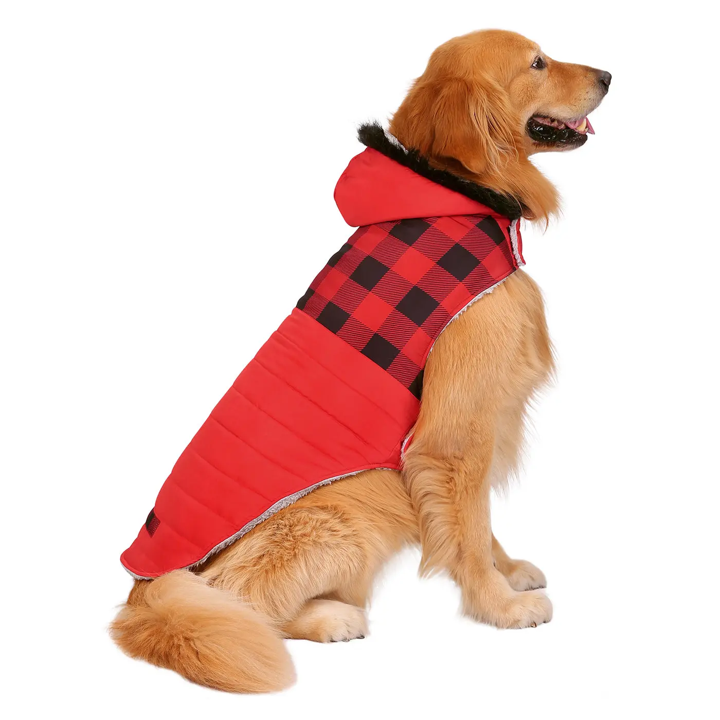 HDE Quilted Chevron Dog Puffer Jacket - Water-Resistant Winter Style Coat with Faux Fur Hood Accents, Leash Hole, Warm Pet Apparel for Small to XXL Dogs, Fashionable