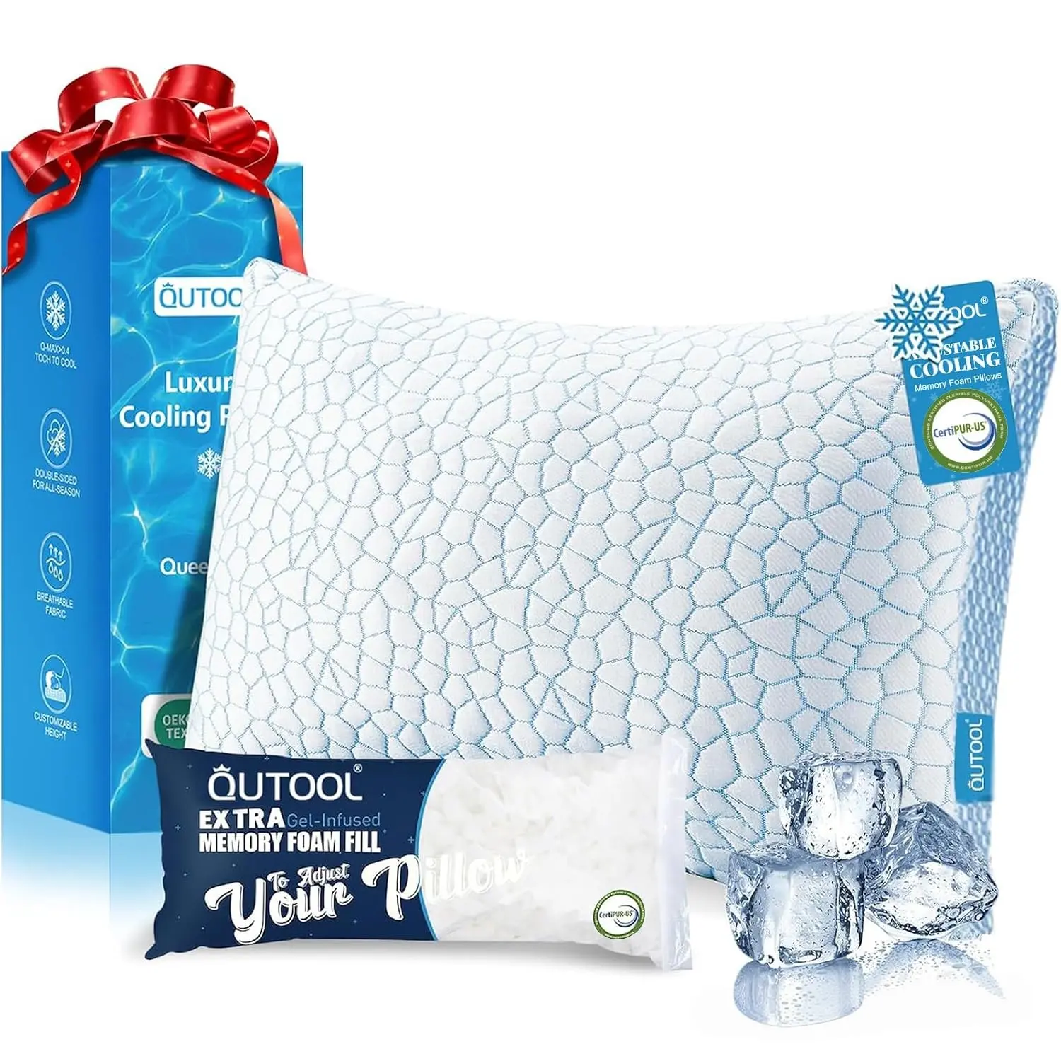 QUTOOL Luxury Cooling Memory Foam Bed Pillow 1 Pack, Adjustable Gel Pillow Set of 1 for Side Back Stomach Sleeper, Support Yet Soft with Removable Cover, Bedroom Accessories