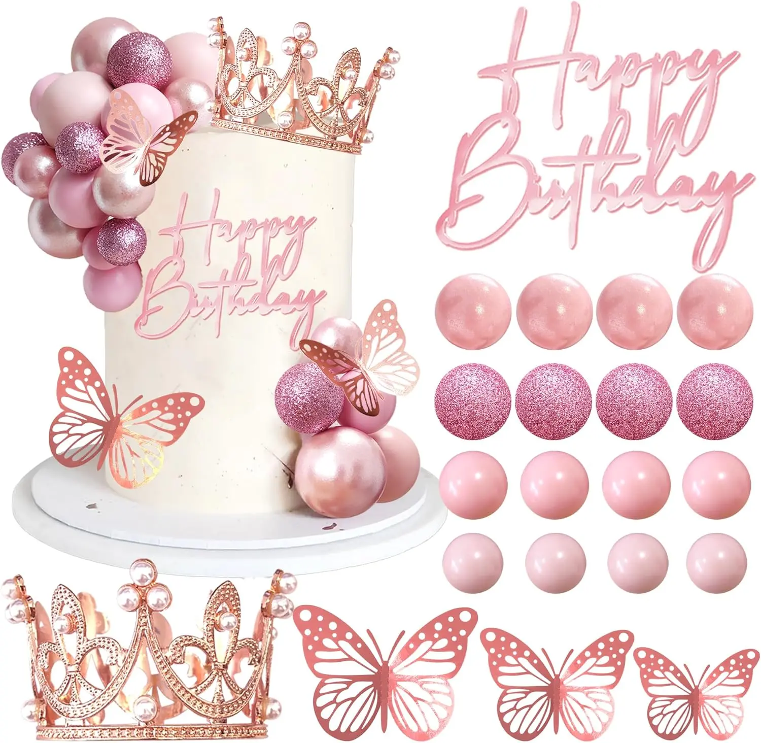 Rose Plastic Balls & Crown Tiara Cake Toppers with Butterflies, Happy Birthday Decor for Wedding & Shower Party Supplies