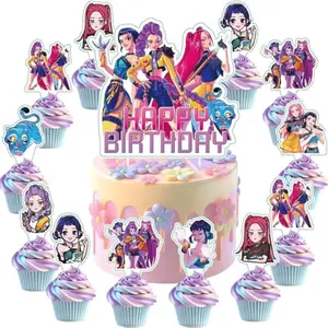 25Pcs Demon Movie Hunters Cake Decorations with 24pcs Cupcake Toppers, 1pcs Happy Birthday Cake Topper, Cartoon Themed Party Supplies, Perfect for Birthday Party Decorations