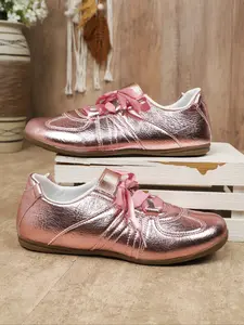 Women's Silver Metallic Ribbon - Lace Sneakers, Shiny Leather - Finish Casual Walking Shoes, Stylish Party & Daily Commute Footwear, Comfortable Breathable Fashion Sneakers, Versatile Round - Toe Leisure Shoes, Eye - Catching All - Match Event Shoes