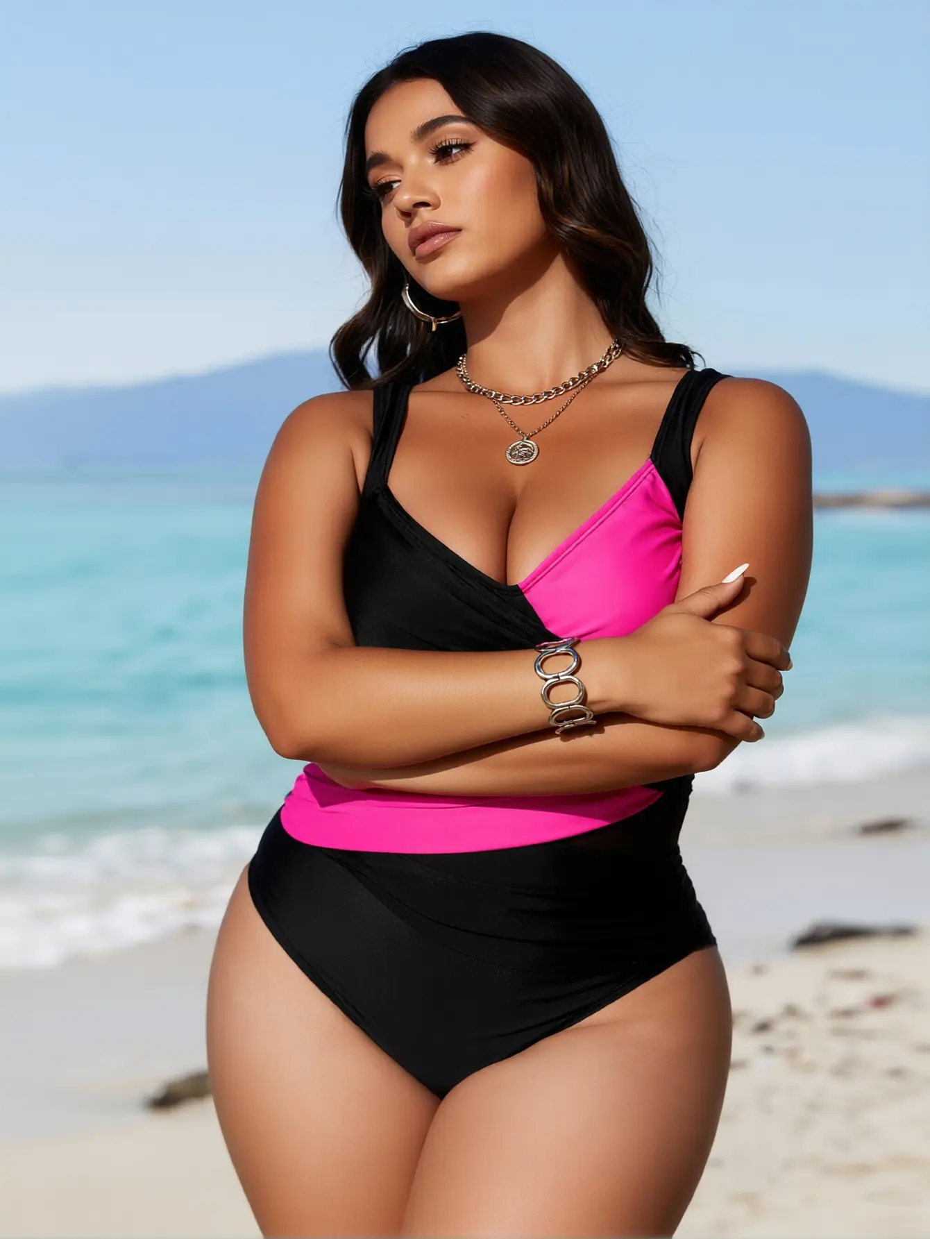 Women's Tummy Control 1-Piece Swimsuit, Sleeveless Colorblock Criss Cross Wrap for Curvy Sizes, Chlorine Resistant Polyester Bodysuit with Mesh Panels, Elastane, Deep V, Chlorine Res., Cold Wash, Durable, Tropical, Polyester Mix, Curvy Fits, Female, Beach