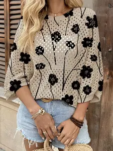 Spring Summer Women's Hollow Out Batwing Sleeve Knit Top, Colorblock Floral Print, Casual Elegant Commuter Wear, Boho Beach Cover-Up