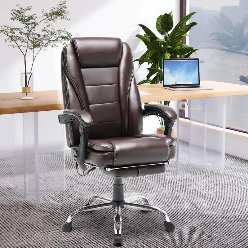 Swivel Reclining Office Chair, Leather Executive Chair with 4-Point Massage, Ergonomic Home Office Desk Chair with Retractable Footrest, Computer Chair for Home Office, Study, Gaming, Black/Brown