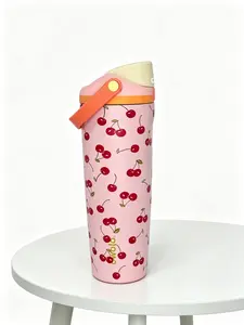 Owala 30oz Pink Cherry Print Insulated Tumbler Flask - Leak-Proof Push-Button Travel Water Bottle, 24H Cold Retention, Portable Handle (Kitchenware, Drinkware, Vacuum Flasks)