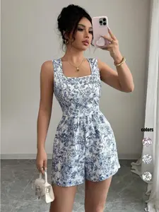 Women's Sleeveless Backless Floral Print Bow Tie Waist Romper, Summer Beach Vacation Casual Chic Fashion, Fitted Square Neck Jumpsuit