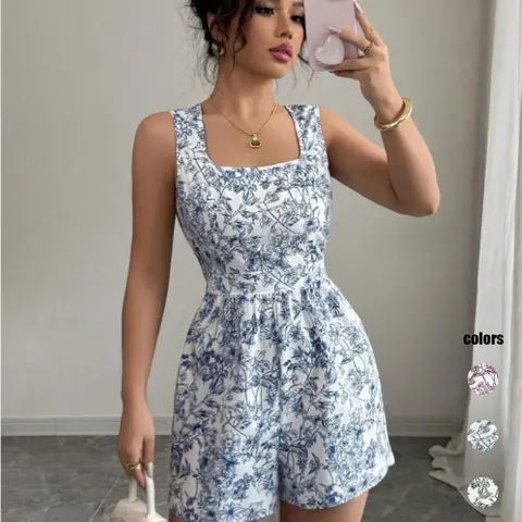 Women's Sleeveless Square-Neck Backless Floral Print Romper, Boho Casual Hippie Summer Style, Fitted Beachwear, Perfect for Vacation & Daily Wear, Jumpsuit Romper, Womenswear