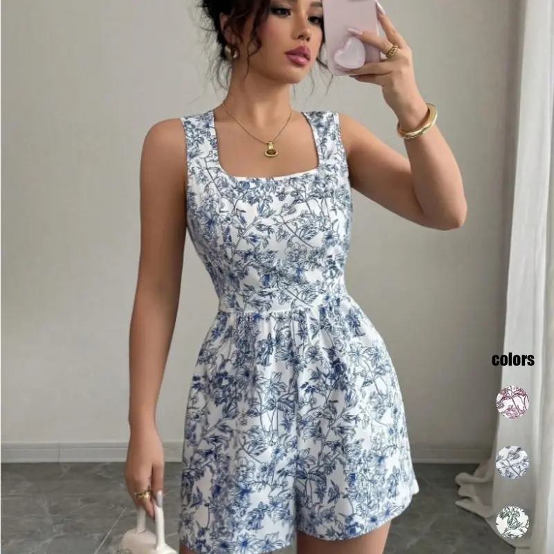 Women's Sleeveless Square-Neck Backless Floral Print Romper, Boho Casual Hippie Summer Style, Fitted Beachwear, Perfect for Vacation & Daily Wear, Jumpsuit Romper, Womenswear