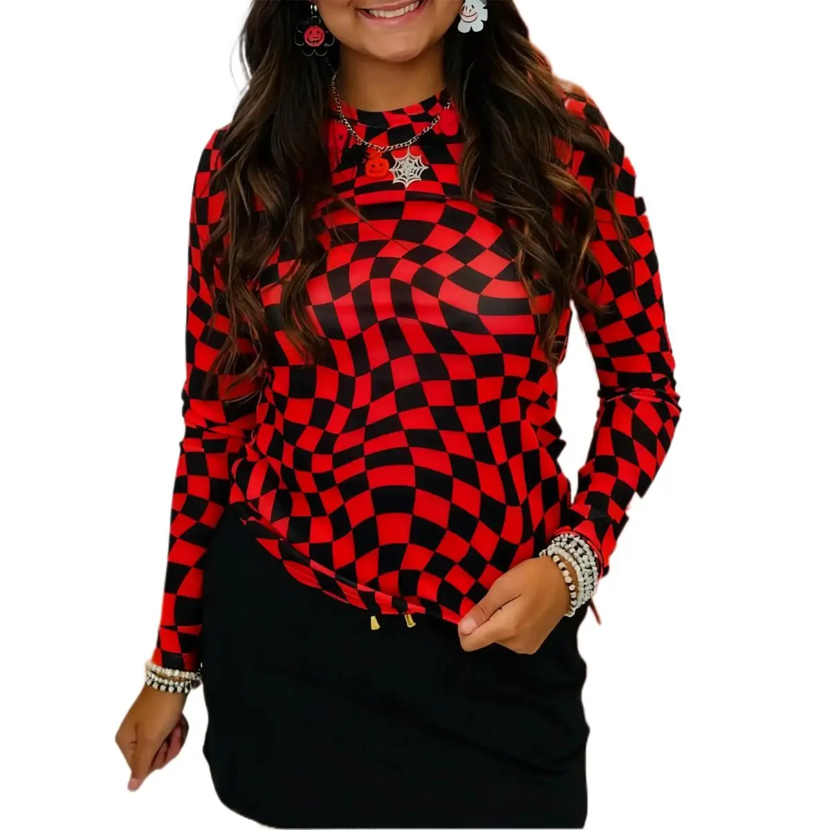 Znacicc Trendy Women's Classic Checkered Pattern Mesh Mock Neck Comfortable Winteroutfit Long Sleeve Top - Lightweight for Daily & Casual Wear Black Shirts